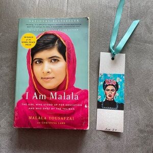 I Am Malala by Malala Yousafzai - Pink & Teal Cover and Frida Kahlo bookmark